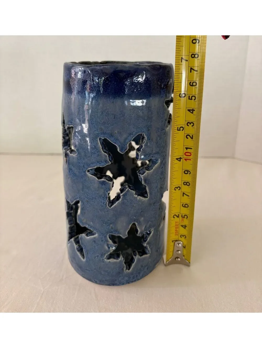Vintage Signed Studio Pottery Star Cutout Ceramic Candle Holder Lantern JL